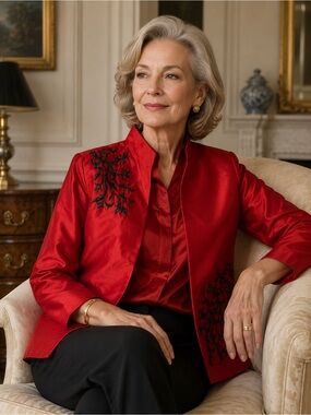 Victor Costa Occasion Red Silk Beaded Jacket Women’s Small Open Front Blazer